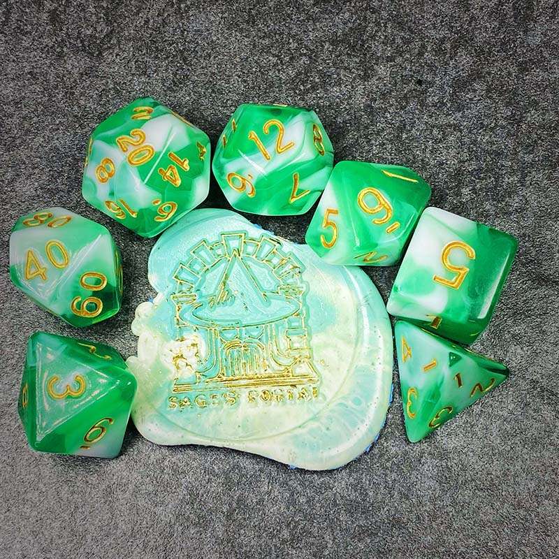 Sage's Stones - Green/White Gold Ink Acrylic Polyhedral Dice Set image 0