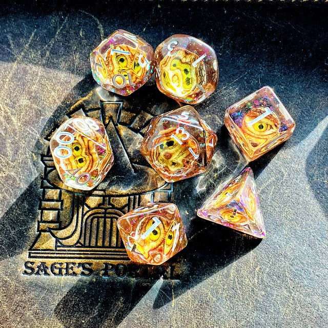 Sage's Bottled Gold Dragon Eyes Resin Polyhedral Dice Set image 1