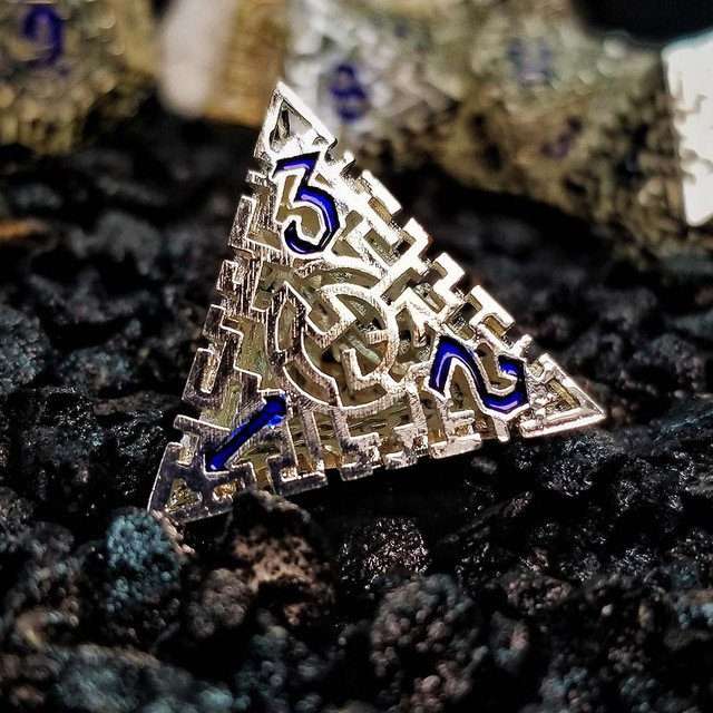 Sage's Labyrinths - Silver Weave Blue Ink Hollow Metal Polyhedral Dice Set image 2