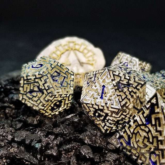Sage's Labyrinths - Silver Weave Blue Ink Hollow Metal Polyhedral Dice Set image 20