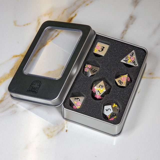 Sage's Petrified Flowers Silver Pink/Yellow Flowers Metal Polyhedral Dice Set image 10