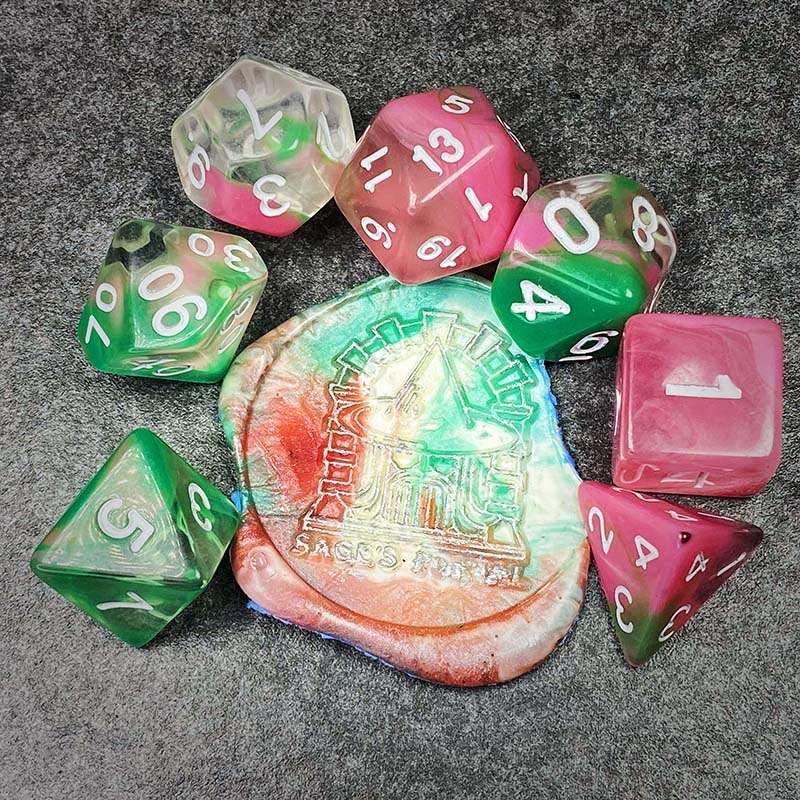 Sage's Capsules - Half Transparent Pink/Green Acrylic Polyhedral Dice Set image 0