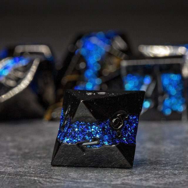 Sage's Rift Stones - Gloss Black Blue Metal Polyhedral Dice Set image 5