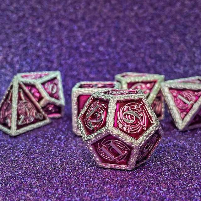 Sage's Anthems - Pearl Silver and Purple Metal Polyhedral Dice Set image 23