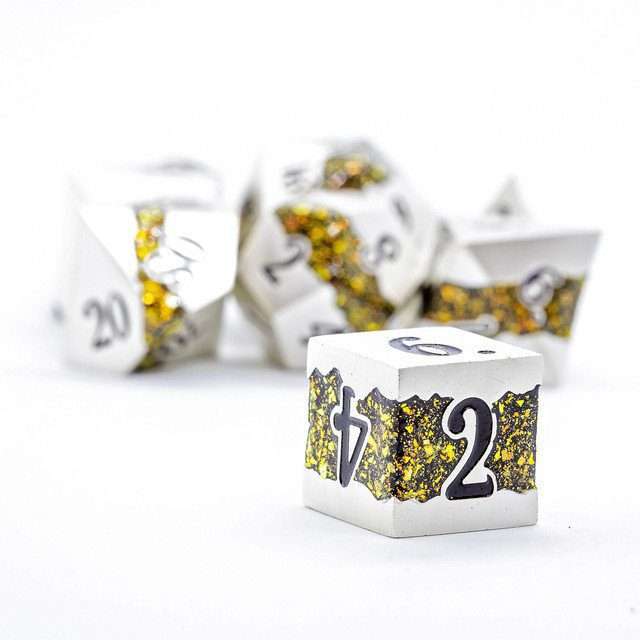 Sage's Rift Stones - Pearl Silver/Chartreuse Metal Polyhedral Dice Set image 7