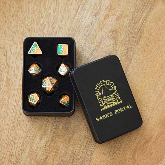 Sage's Grim's Fortunes - Bronze Peach/Green Skull-Bones Metal Polyhedral Dice Set image 15