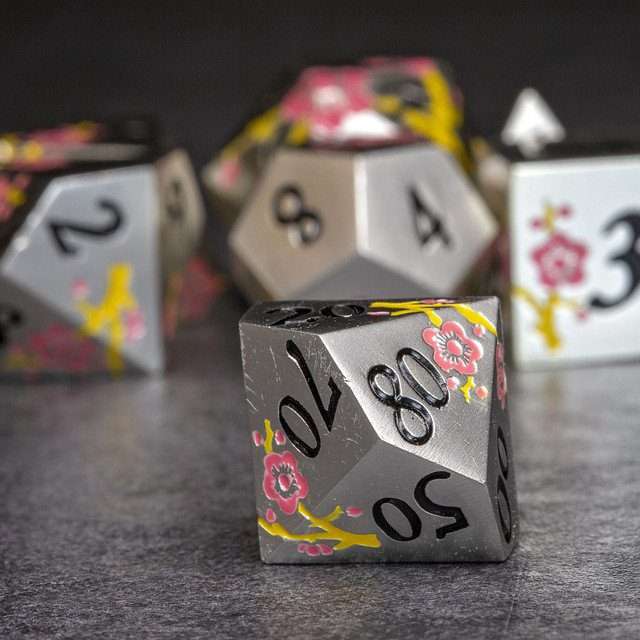 Sage's Petrified Flowers Silver Pink/Yellow Flowers Metal Polyhedral Dice Set image 6