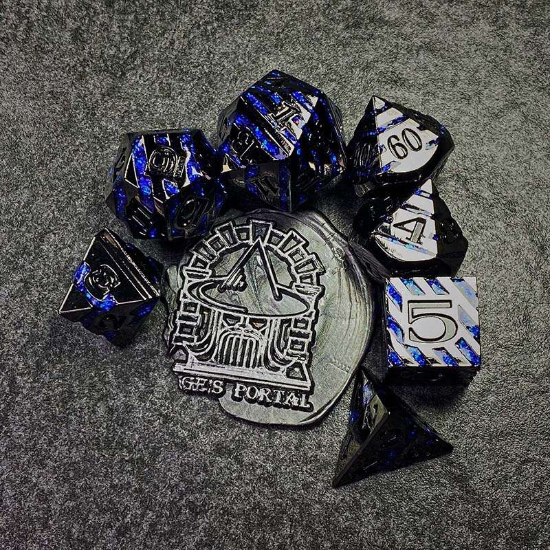Sage's Dimension Stones - Dark Silver Glitter Blue Stripes Black Ink Metal Polyhedral Dice Set image 0