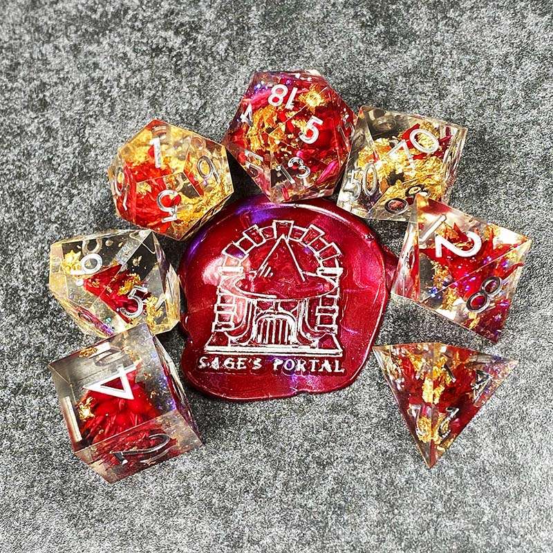 Sage’s Enchanted Flower Red/Silver Ink Sharp Edge Resin Polyhedral Dice Set image 20