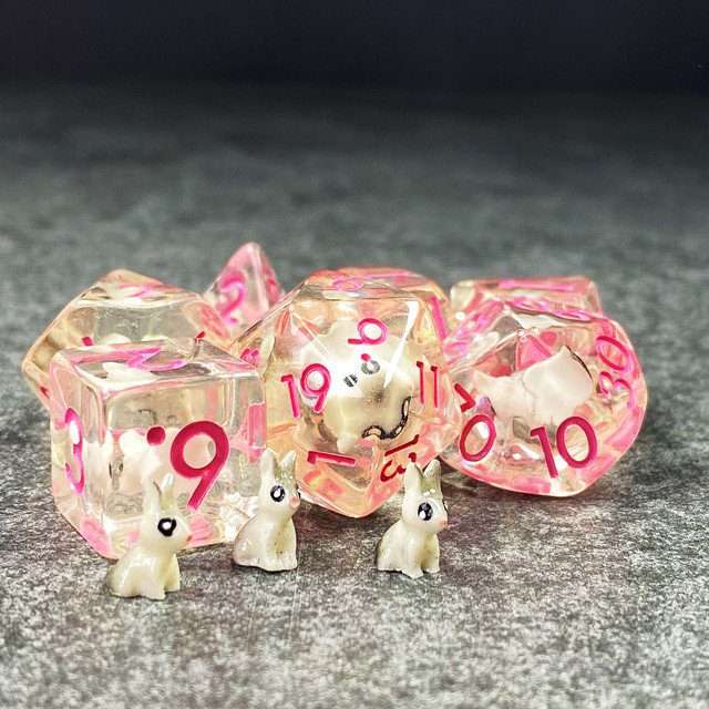 Sage's Familiars- Bunny Familiar Resin Pink Polyhedral Dice Set image 1