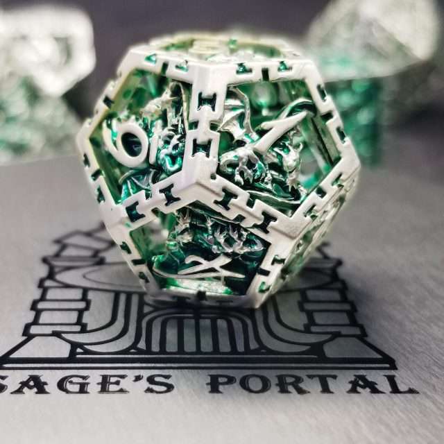 Sage's Dragonstones - Chained Noble Dragon Green Hollow Metal Polyhedral Dice Set image 2