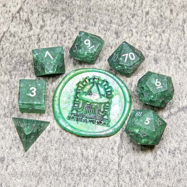 Sage's Kaleidoscopes Green/Mica Cracked Glass Frosted Finish Polyhedral Dice Set image 9