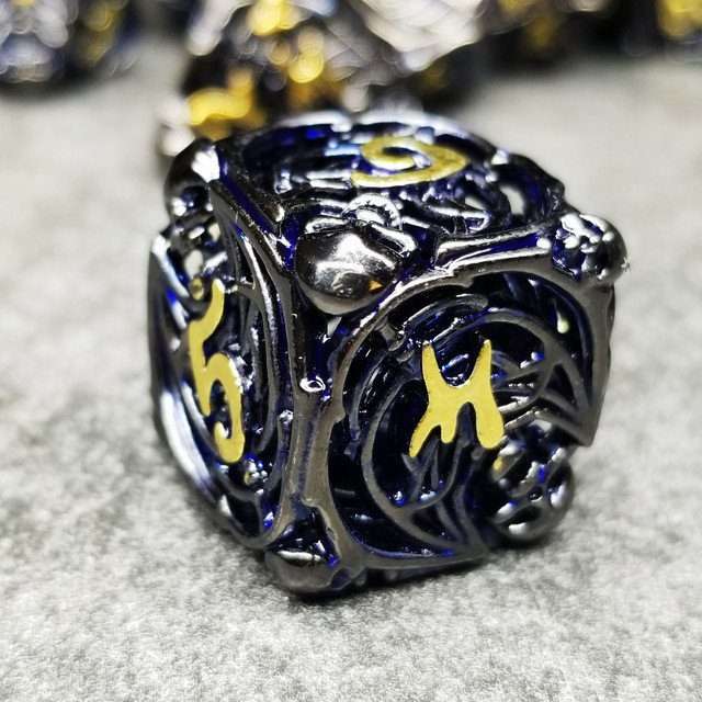 Sage's Macabre Bone Trinket Midnight Blue Inlay Black/Gold Ink Hollow Metal Polyhedral Dice Set image 5