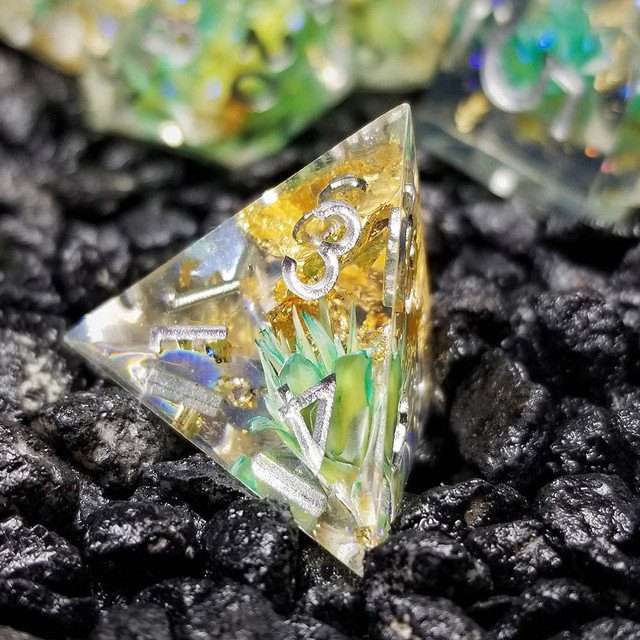 Sage’s Enchanted Flower Cyan Sharp Edge Resin Polyhedral Dice Set image 1