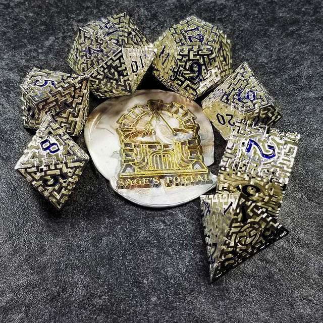 Sage's Labyrinths - Silver Weave Blue Ink Hollow Metal Polyhedral Dice Set image 35