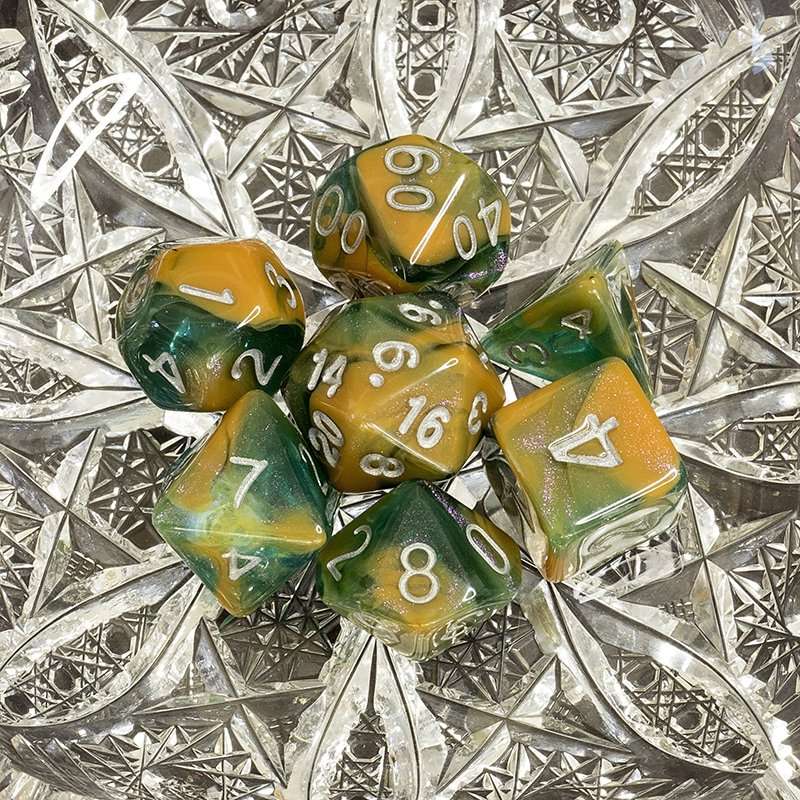 Sage's Shards - Caramel/Green/Turquoise Glitter and Silver Ink Acrylic Polyhedral Dice Set image 13