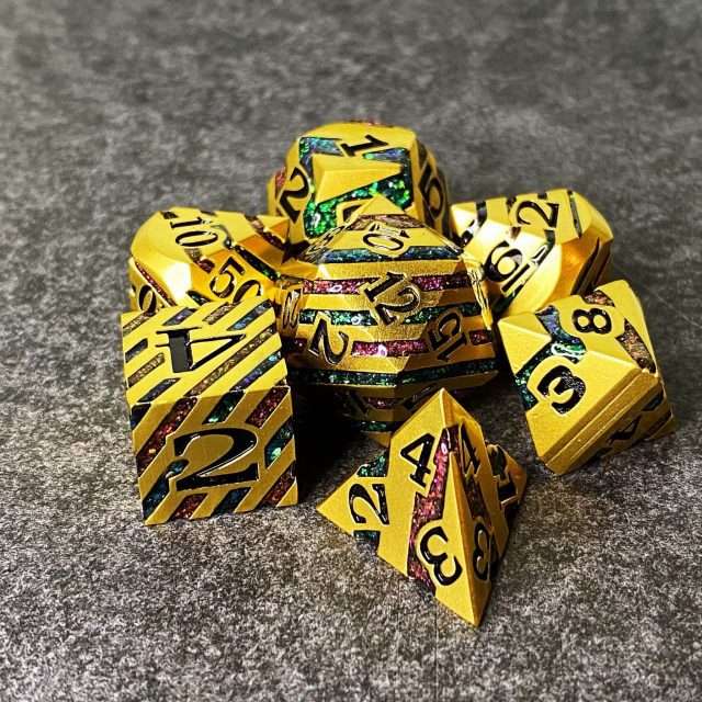 Sage's Dimension Stones - Gold Purple/Green Glitter Stripes Metal Polyhedral Dice Set image 11