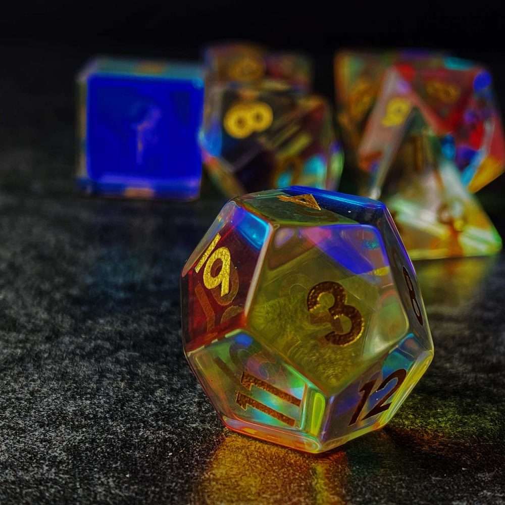 Sage's Treasures - Captured Rainbow Gold Ink Dichroic Glass Polyhedral Dice Set image 3