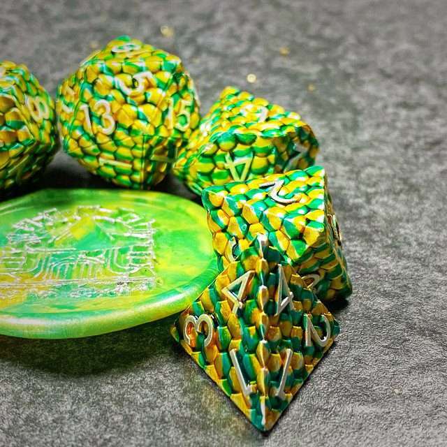 Sage's Dragonstones - Scaled Eggs Green/Yellow Metal Polyhedral Dice image 12