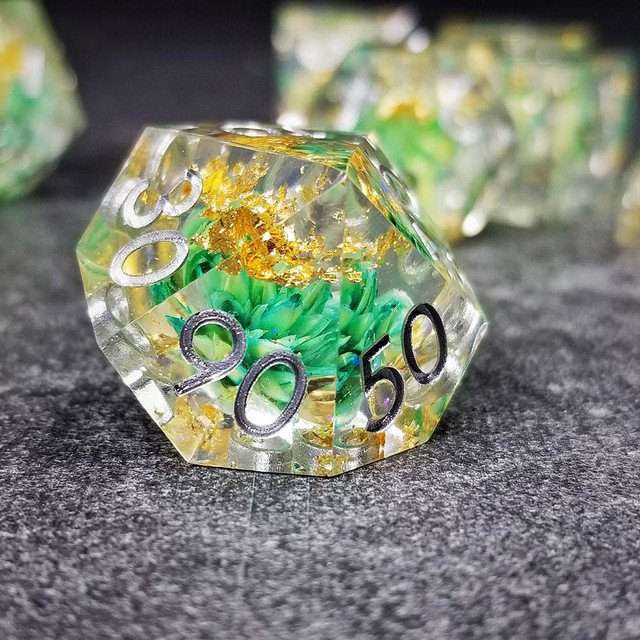 Sage’s Enchanted Flower Cyan Sharp Edge Resin Polyhedral Dice Set image 21