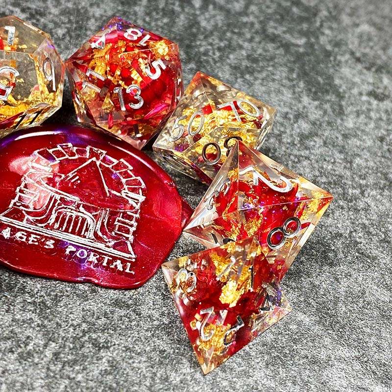 Sage’s Enchanted Flower Red/Silver Ink Sharp Edge Resin Polyhedral Dice Set image 19