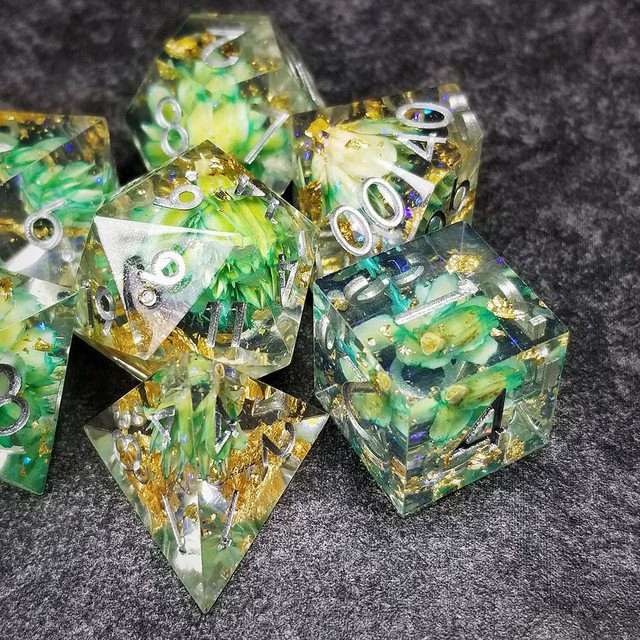 Sage’s Enchanted Flower Cyan Sharp Edge Resin Polyhedral Dice Set image 27