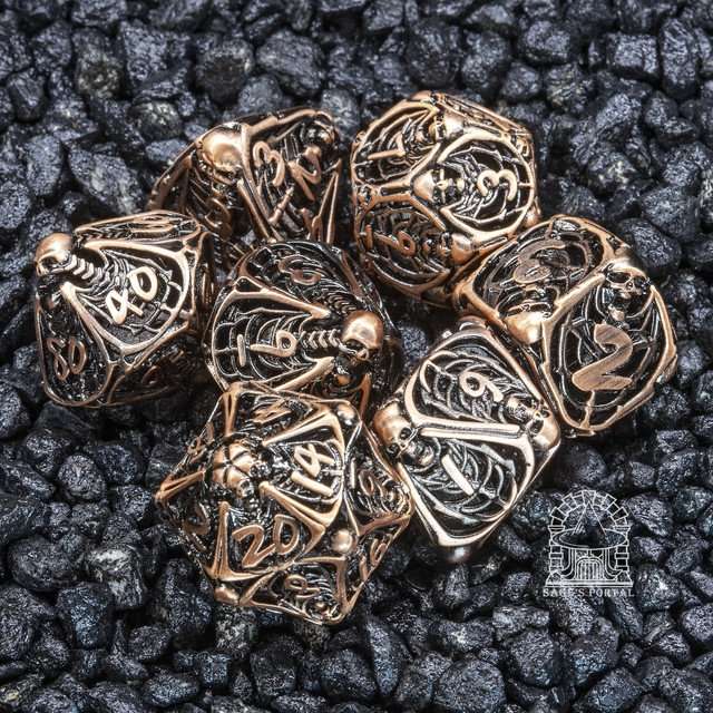 Sage's Macabre Bone Trinket Copper Hollow Metal Polyhedral Dice Set image 1