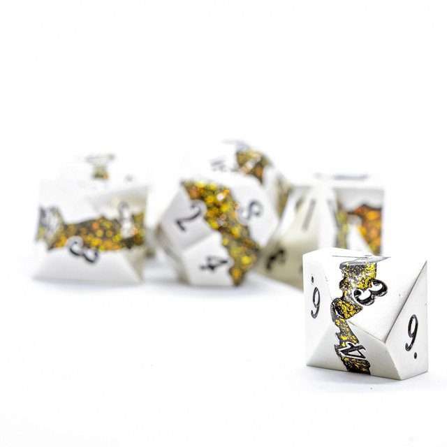Sage's Rift Stones - Pearl Silver/Chartreuse Metal Polyhedral Dice Set image 5