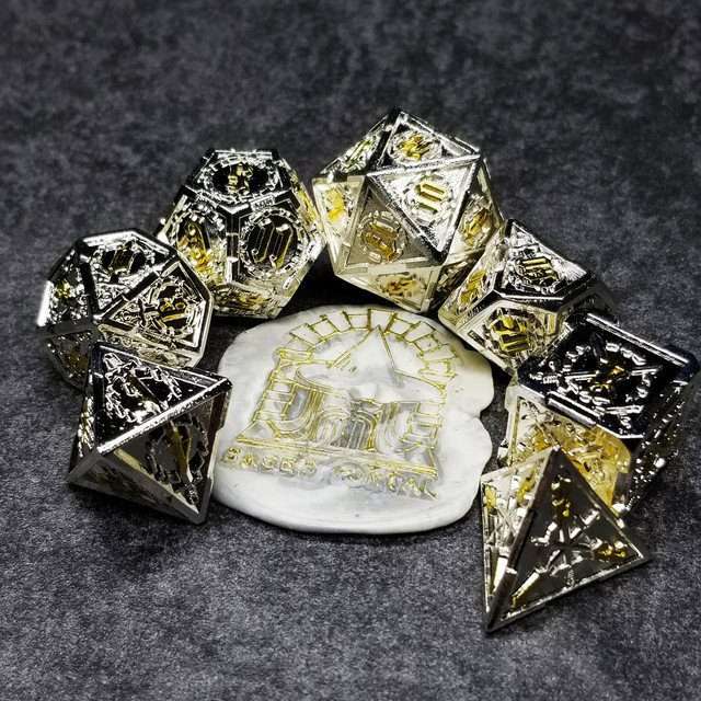 Sage's Knight's Valor - Truesilver Gold Ink Metal Polyhedral Dice Set image 8