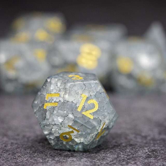 Sage's Kaleidoscopes White/Mica Cracked Glass Frosted Finish Polyhedral Dice Set image 3