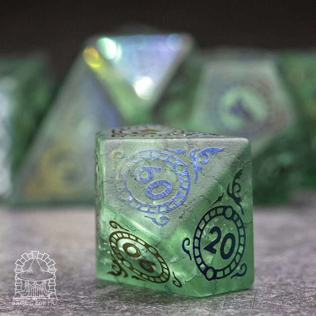 Sage's Glyphed Green Cracked Glass Frosted Finish Polyhedral Dice Set image 3