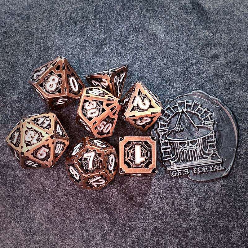 Sage's Gnomish Trinkets - Hollow Copper Spider Trinket White Ink Metal Polyhedral Dice Set image 10