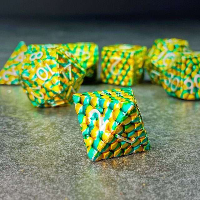 Sage's Dragonstones - Scaled Eggs Green/Yellow Metal Polyhedral Dice image 2
