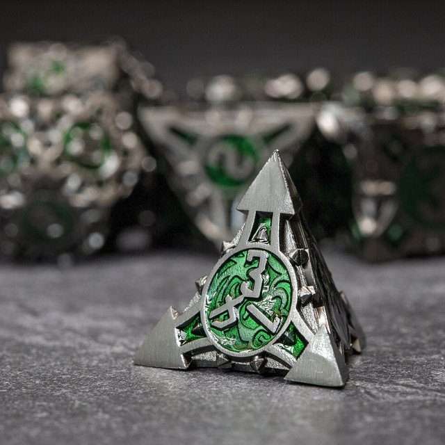 Sage's Runic Caltrops Black/Green Metal Polyhedral Dice Set image 6