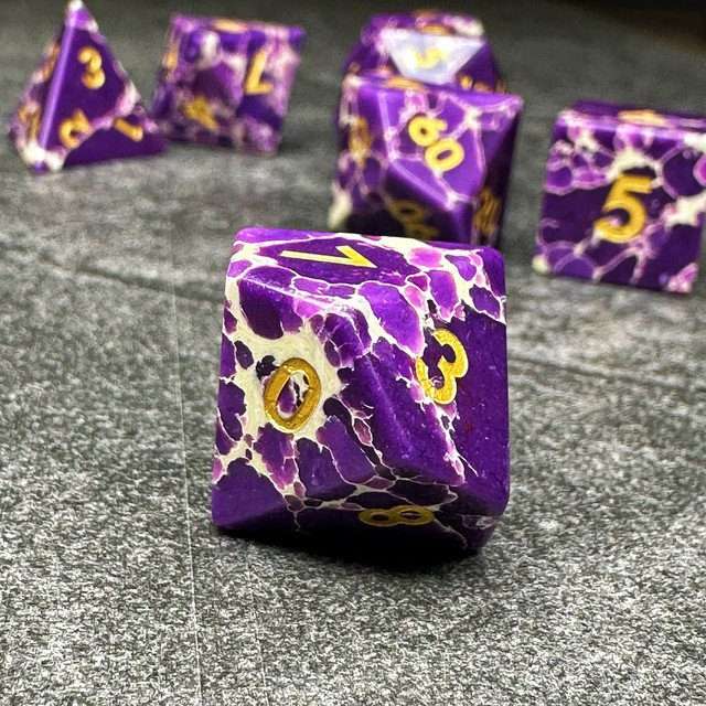 Sage's Treasures - Spotted Purple/White Stone Polyhedral Dice Set image 4