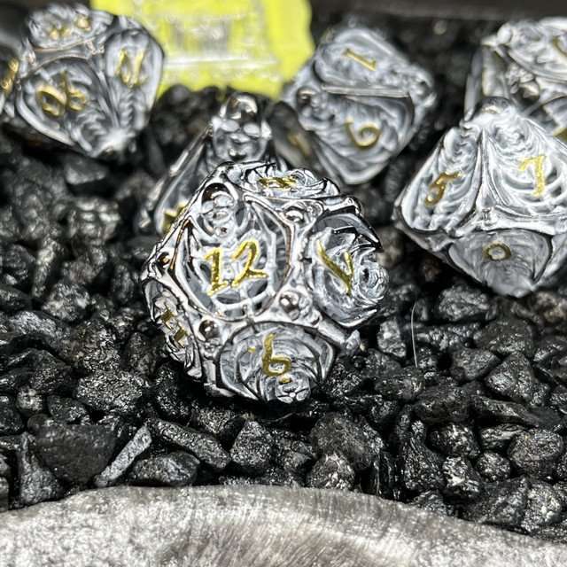 Sage's Macabre Bone Trinket Chalk White Inlay Black/Gold Hollow Metal Polyhedral Dice Set image 9