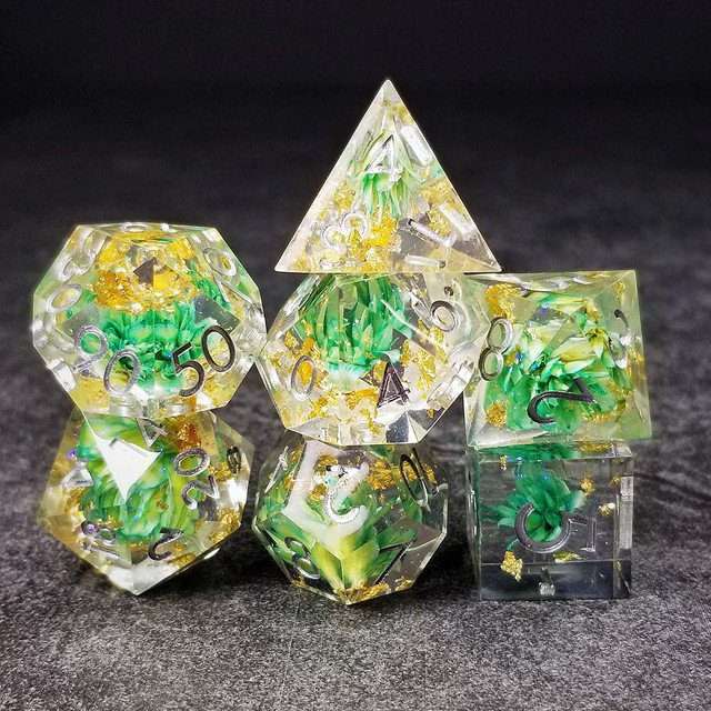 Sage’s Enchanted Flower Cyan Sharp Edge Resin Polyhedral Dice Set image 24