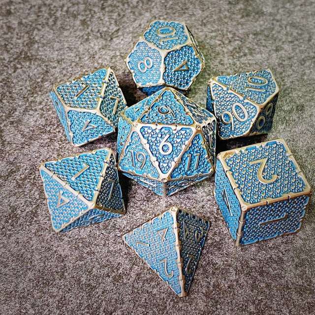 Sage's Hounds - Vintage Blue with Nickel Silver Metal Polyhedral Dice Set image 17