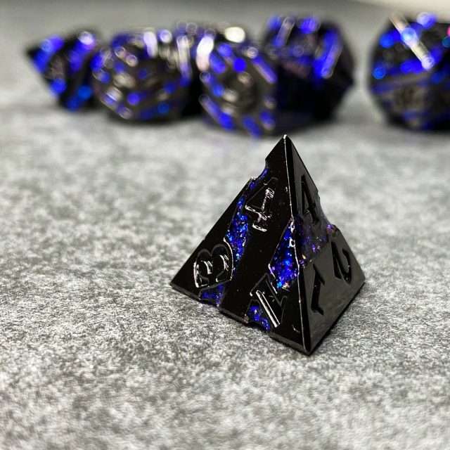 Sage's Dimension Stones - Dark Silver Glitter Blue Stripes Black Ink Metal Polyhedral Dice Set image 8