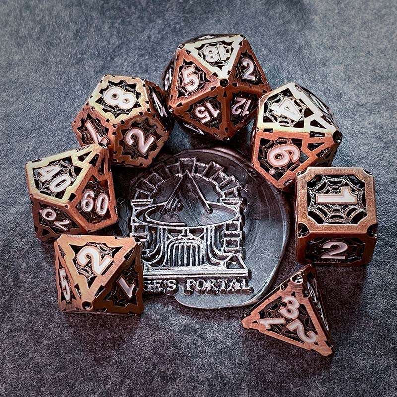 Sage's Gnomish Trinkets - Hollow Copper Spider Trinket White Ink Metal Polyhedral Dice Set image 0