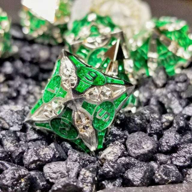 Sage’s Runic Caltrops Silver/Green Metal Polyhedral Dice Set image 5
