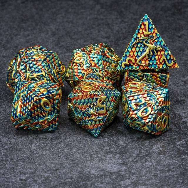 Sage's Dragonscales Green/Red/Gold Metal Polyhedral Dice Set image 0