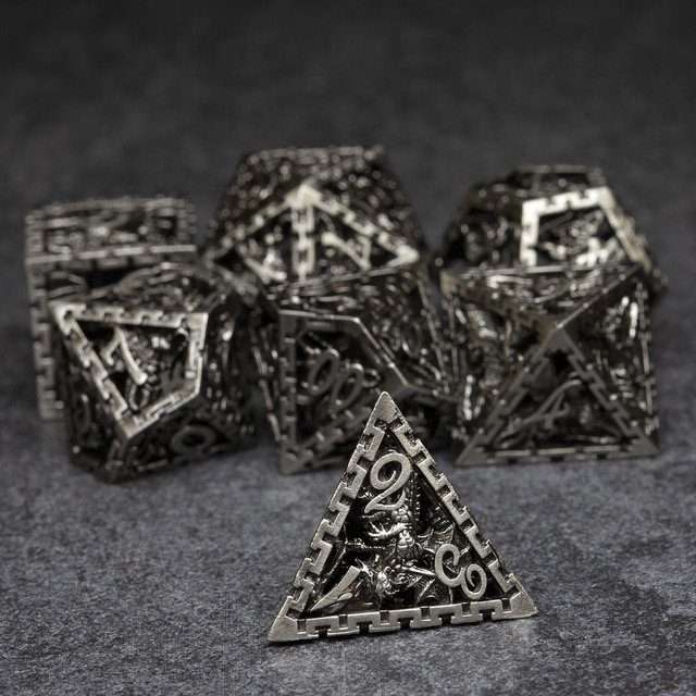 Sage's Dragonstones - Chained Noble Dragon Nickel Silver Hollow Metal Polyhedral Dice Set image 7
