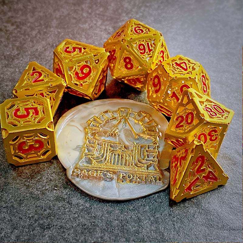 Sage's Gnomish Trinkets - Hollow Gold Spider Trinket Red Ink Metal Polyhedral Dice Set image 0