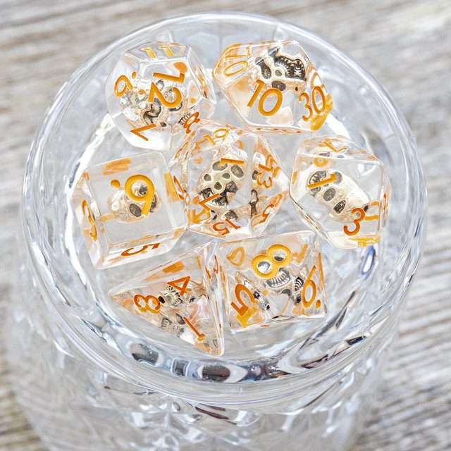 Sage's Familiars - Golden Skull Orange Ink Resin Polyhedral Dice Set image 1