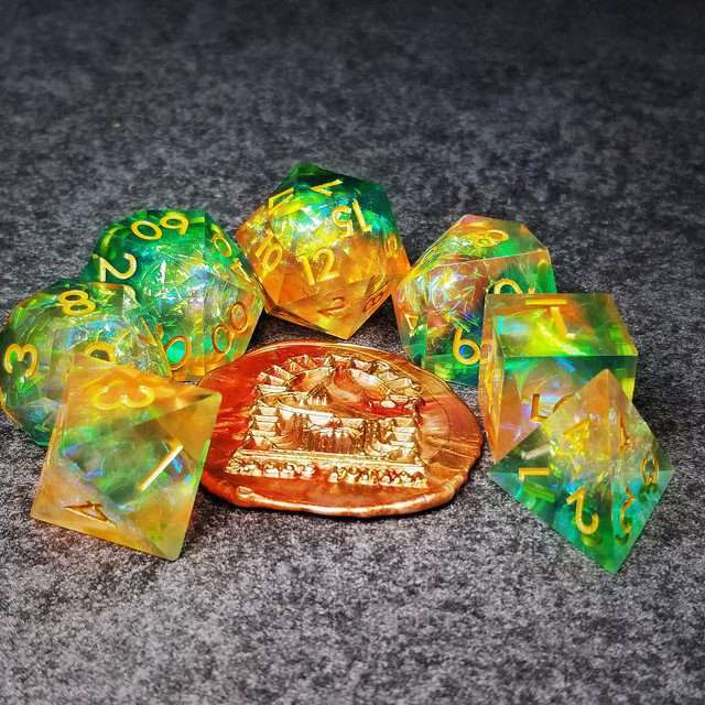 Sage's Enchanted Crystals Green/Peach Gold Ink Sharp Edge Resin Dice Set image 10