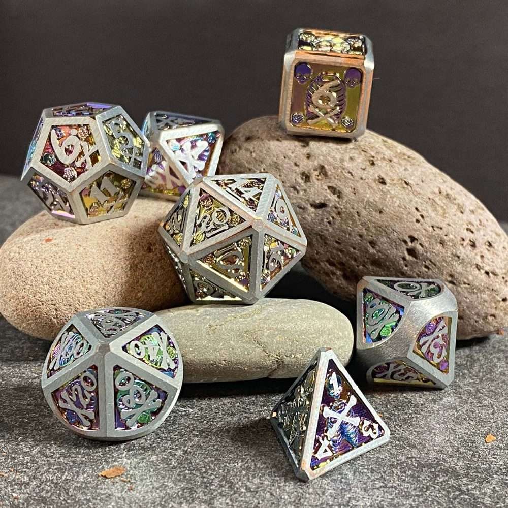 Sage's Grim's Fortunes - Silver/Holo Skull-Bones Metal Polyhedral Dice Set image 9