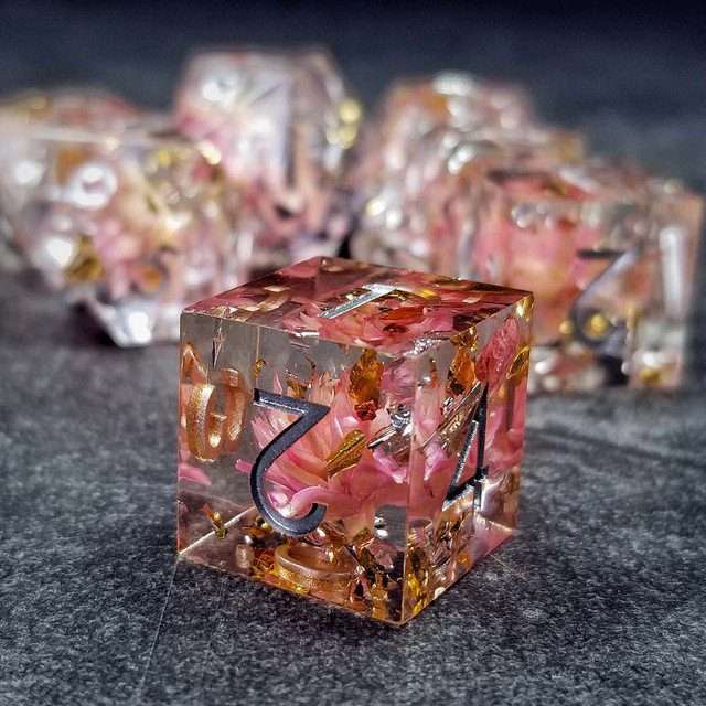 Sage’s Enchanted Flower Pink Sharp Edge Resin Polyhedral Dice Set image 26