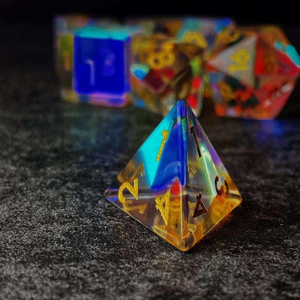 Sage's Treasures - Captured Rainbow Gold Ink Dichroic Glass Polyhedral Dice Set image 8