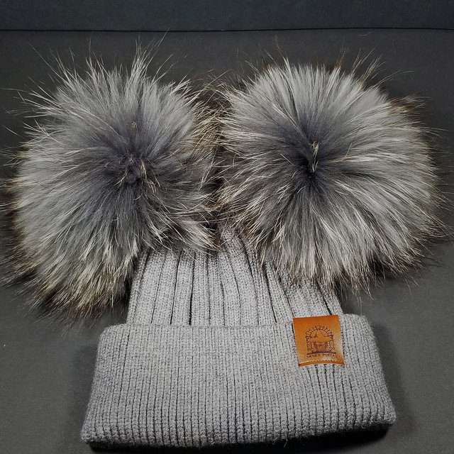 Sage’s Cap – Grey Wool Beanie with Double Raccoon Pompom image 7